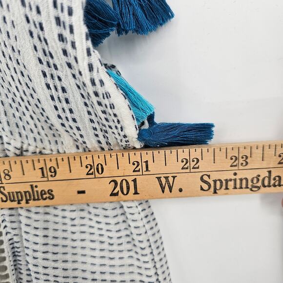 Anthropologie THML Blue White Boho Chic Shift Dress Tassel Striped V-Neck Medium - Picture 4 of 7